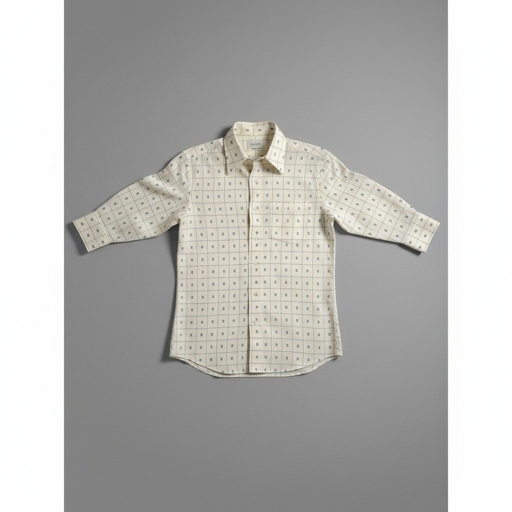 Montgomery Ward Cream Grid Print Button Up Shirt Long Sleeve Vintage